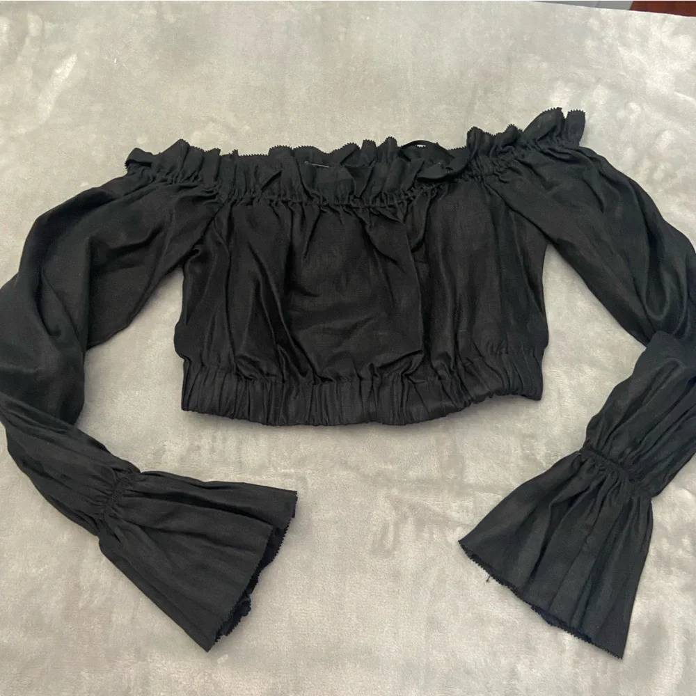 STAUD Tristan Black Linen Off-the-Shoulder Crop Top with Long Sleeves NWOT - Picture 2 of 11